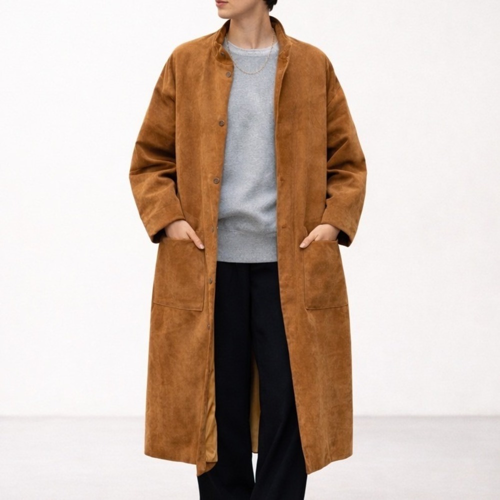 VTG 70s Suede Leather Mod Trench Coat Womens 2X-3X Brown Minimalist Patch Pocket